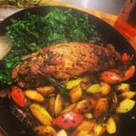 @LodgeCastIron Apple, Apple Chimi Churi pork tenderloin, Kale. #Dayoffdinner #onepanjam!