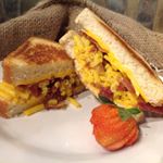 Lunch anyone? Grilled macaroni and cheese on Texas toast with applewood bacon. Yum